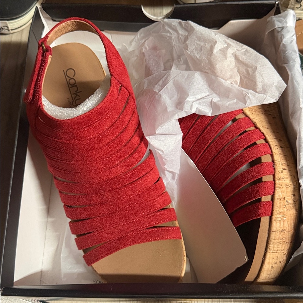 Corkys Red Strappy Wedge Sandals